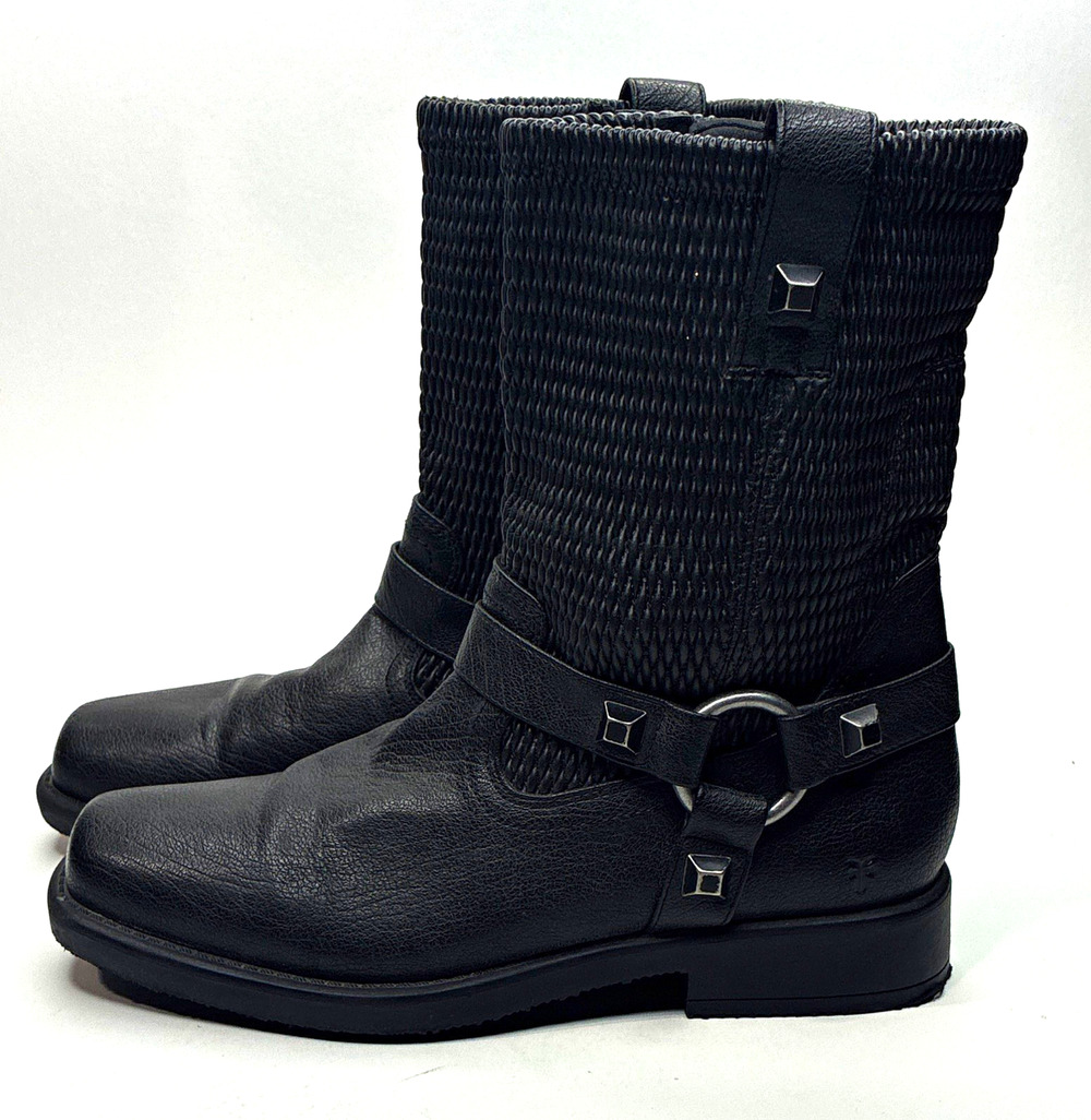 Girl’s FRYE Black Harness Biker Mid-Calf Boots Studded Buckle Side Zip US 4
